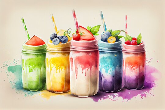 A stack of colorful smoothies with straws in each, watercolor style generative AI