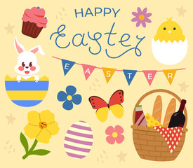Collection Of Easter Decoration, Lettering, Basket, Rabbit, Chicken Flat Style Vector Illustration