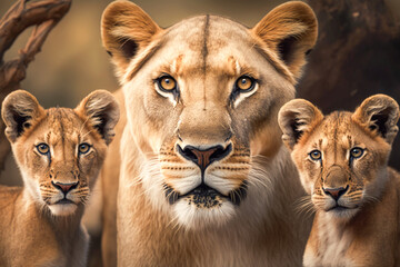 Fototapeta na wymiar A lioness with her cubs in the wild