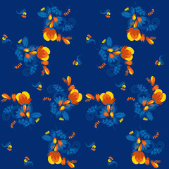 Naklejka na ściany i meble Traditional Ukrainian painting of Petrykivka. Elements of blue and yellow floral ornament. Decorative composition for the background. Repeating pattern.