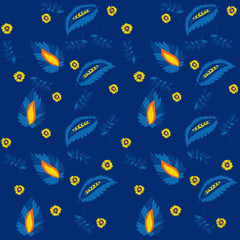 Traditional Ukrainian painting of Petrykivka. Elements of blue and yellow floral ornament. Decorative composition for the background. Repeating pattern.