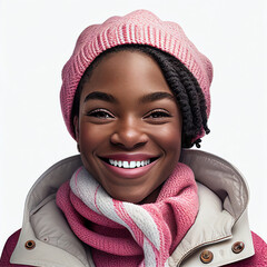 Attractive african american, mixed race girl in winter clothes isolated on white background