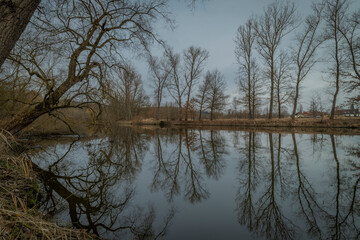 Sobeslav town and Luznice river in winter cloudy sunny morning