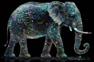 Fototapeta premium Shiny iridescent Hindu sacred elephant made of universe and cosmos stars. Ganesha representation created with Generative AI technology