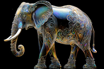 Iridescent Shiny Hindu sacred elephant made of universe and cosmos stars. Ganesha representation created with Generative AI technology