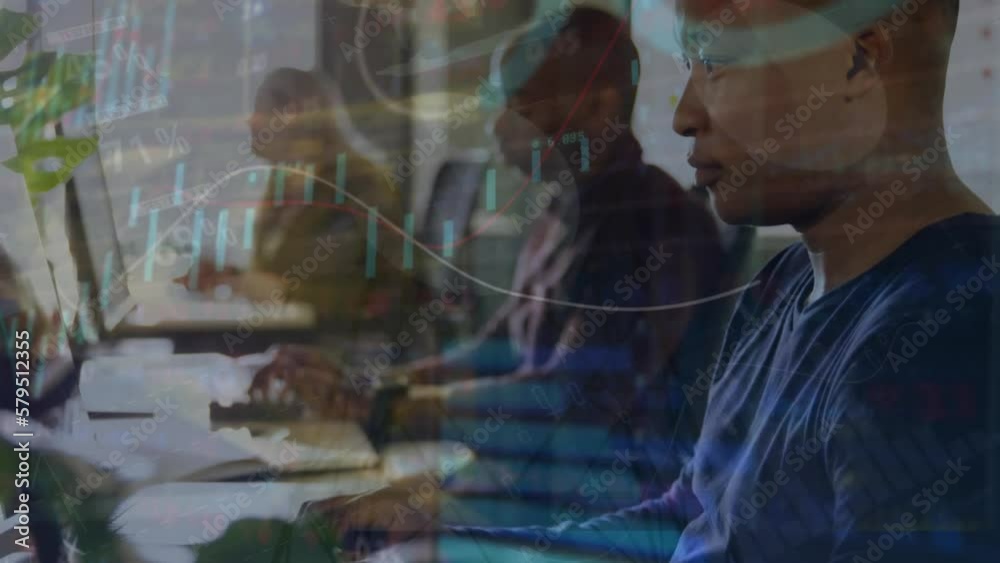 Poster animation of data processing over african american man using computer at office and network towers