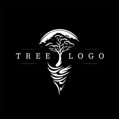 Minimalistic logo template, white icon of tree with roots silhouette on black background, modern logotype concept for business identity, t-shirts print, tattoo. Vector illustration