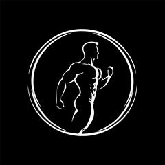 Obraz na płótnie Canvas Minimalistic round logo template, white icon of gym man silhouette on black background, modern logotype concept for business identity, t-shirts print, tattoo. Vector illustration