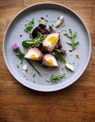 Easter surprise perfect for breakfast scotch egg with rocket salad and dressing served od blue plate, wooden table 