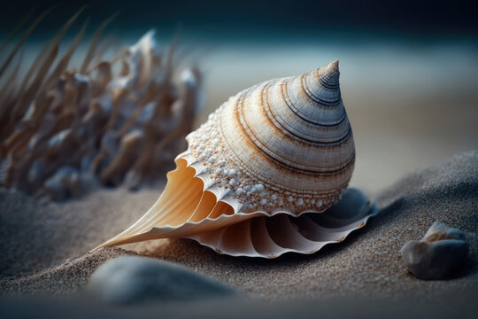 Sea shell on the beach, tropical nature concept illustration, generative ai