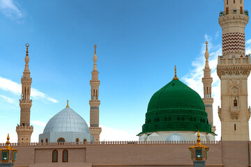 Medina , Saudi Arabia - 11 May 2017 :  Green Dome Close up -  Prophet Mohammed Mosque , Al Masjid...