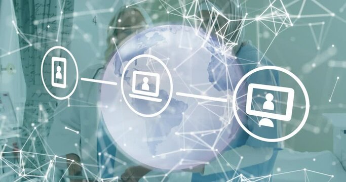 Animation of network of digital icons over caucasian senior female doctor talking on male patient - Powered by Adobe