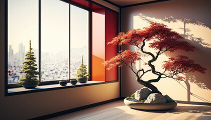 Modern minimalist empty room corner background with pops of orange red color. Red Japanese maple tree in a stone planter. City views in the window. 