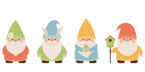Collection of cute spring gnomes. A variety of garden gnomes, in a flat cartoon style.
