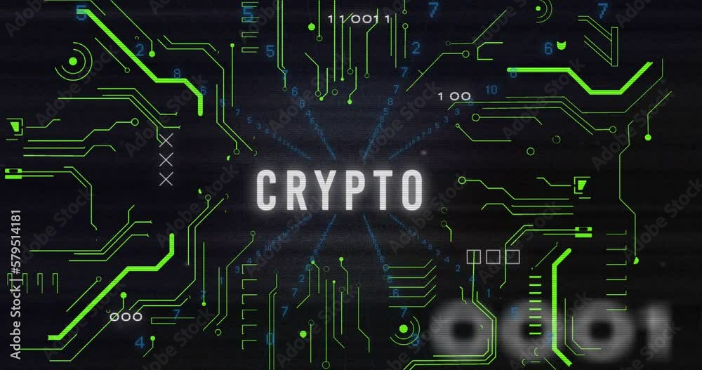 Poster animation of crypto text with changing numbers and circuit board pattern against black background