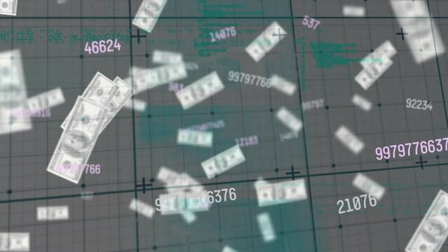 Animation of data processing over banknotes falling
