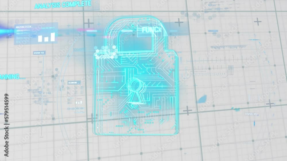 Poster animation of circuit board pattern in padlock over multiple text on abstract background