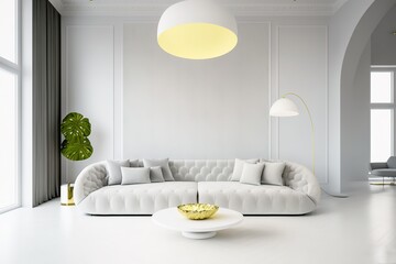 modern light interior with sofa and white walls, generative AI