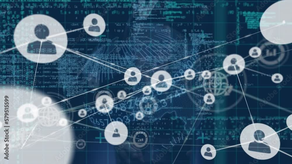Poster animation of network of connections over globe and data processing