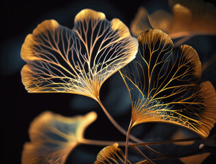 Ginkgo biloba golden leaves Dark background created with Generative AI technology