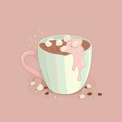 Flat cartoon illustration of cute beautiful glass cup of cocoa drink in pastel brown colors