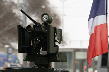 French army, heavy machine gun on a carriage with a flashlight and a thermal imager, military equipment.