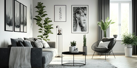 a modern living room with a picture frame on the wall