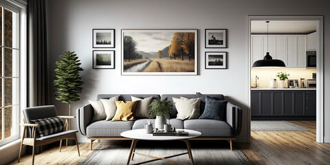 a modern living room with a picture frame on the wall