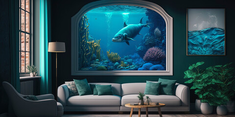 angled photograph of a deep ocean-themed living room with turquoise blue walls in the background is an organically shaped window overlooking the ocean floor
