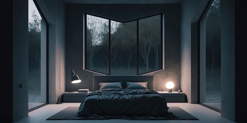 Artful and realistic photo of minimalist bedroom with mood lighting and large windows in brutalist home