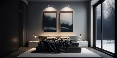 Mood lighting and large windows create an artful contrast in minimalist bedroom space in brutalist home interior in realistic render