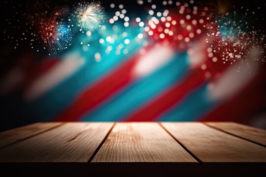 Independence Day Table with Red White and Blue Fireworks Background (Generative AI)