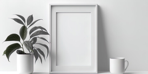 Blank vertical picture frame mockup. White wall background. Empty copy space.