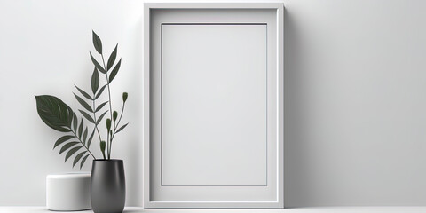 Blank vertical picture frame mockup. White wall background. Empty copy space.