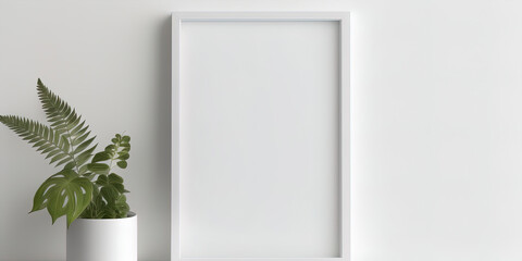 Blank vertical picture frame mockup. White wall background. Empty copy space.