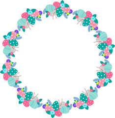 Easter flower wreath . Easter frame with decorated eggs and flowers and symbols of bright Easter