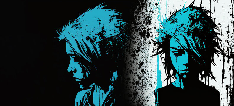 Schizophrenia and split personality disorder and mental health psychiatric disease concept in a illustration style.,  Created using generative AI tools.