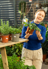 Female gardener tending to potted strawberry in container garden