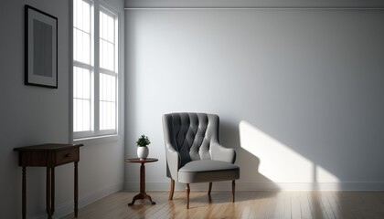 Mockup wall in solid color background live room with armchair and wooden table. Created with generative Ai technology