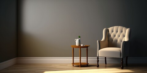 Mockup wall in solid color background live room with armchair and wooden table. Created with generative Ai technology