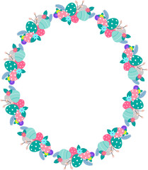 Easter flower wreath . Easter frame with decorated eggs and flowers and symbols of bright Easter