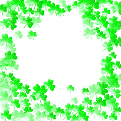 Saint patricks day background with shamrock. Lucky trefoil confetti. Glitter frame of clover leaves. Template for special business offer, banner, flyer. Festive saint patricks day backdrop.