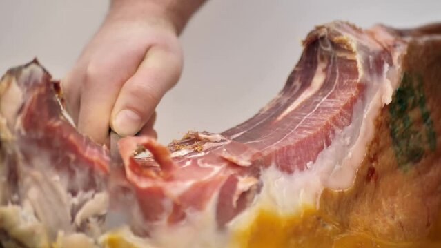 Jamon Serrano. Traditional Spanish ham close-up. Sliced Jamon Iberico. Close-up of prosciutto.