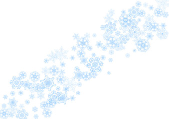 Winter frame with blue snowflakes for Christmas and New Year celebration. Horizontal winter frame on white background  for banners, gift coupons, vouchers, ads, party events. Falling frosty snow.