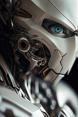 Portrait of a White Cyborg Face with human eyes. Technological Close-up of a Cyborg Face. Artificial Intelligence. White Cyborg's Machine and Human Features. 
