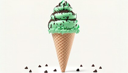Mint chocolate chip ice cream in a cone with green sprinkles on White Background with copy space for your text created with generative AI technology