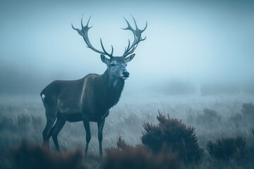 Deer stag in the mist, morning misty forest, generative ai