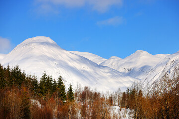Alpine winter landscape on Hemsedal route in Norway, Europe
