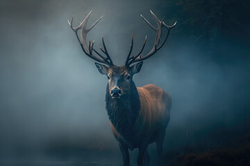 Deer stag in the mist, morning misty forest, generative ai