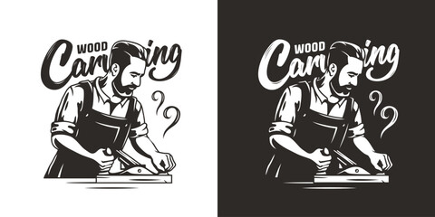 Bearded carpenter for logo of carpentry or wood carving. Woodworker with jointer in his hands for design of workshop or woodworking